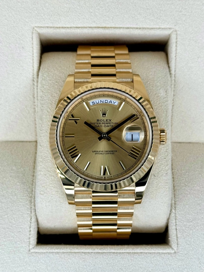 [2026 Top-Tier Replicas]RLX Day-Date "President" 40mm Yellow Gold Champagne Roman Numeral Dial - 228238