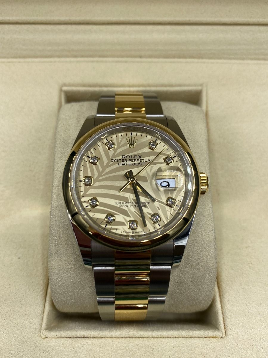RLX Datejust 36mm 126203 Golden Palm Dial Domed Bezel Oyster Bracelet