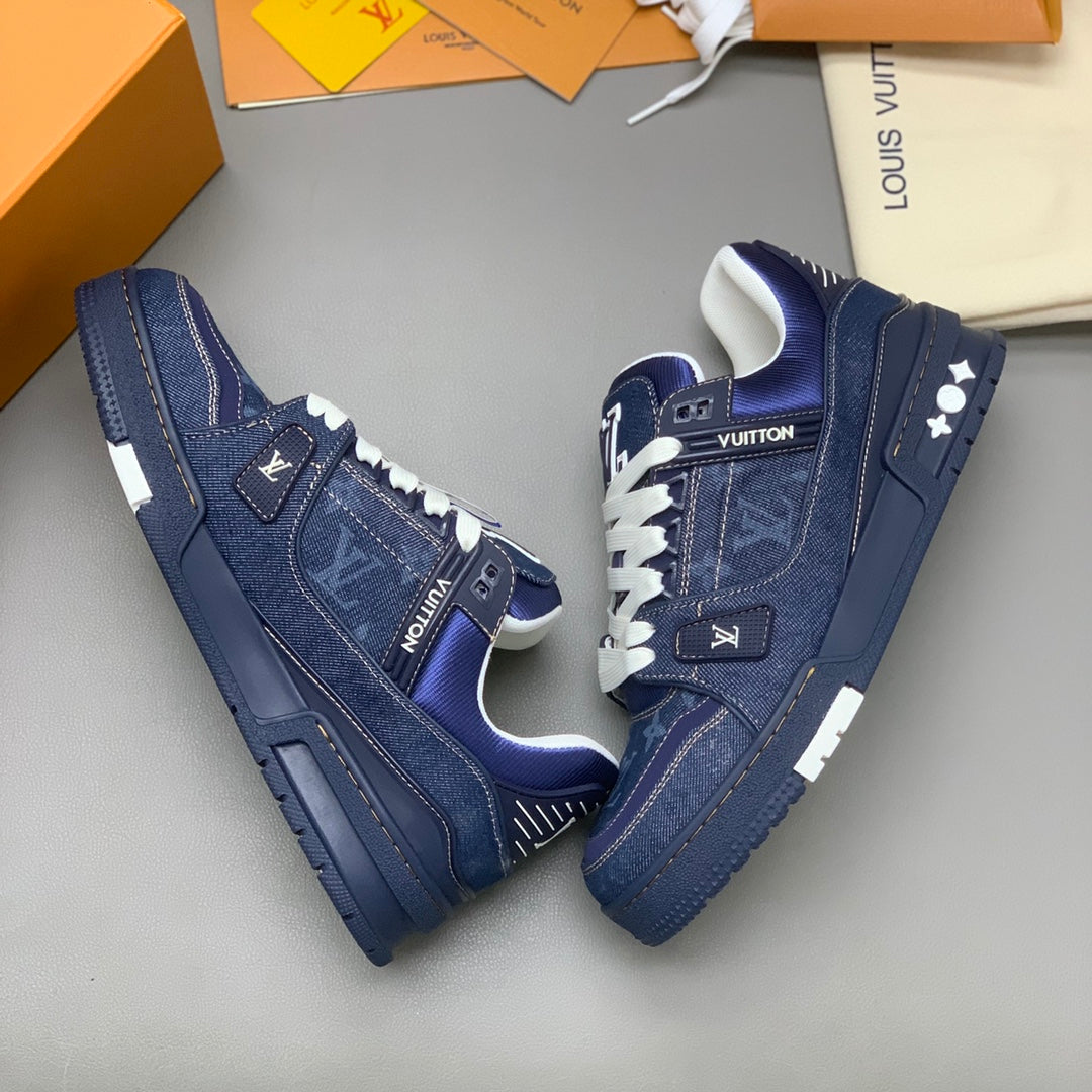 LV Trainer Sneaker Rubber signatures Navy Blue Monogram denim