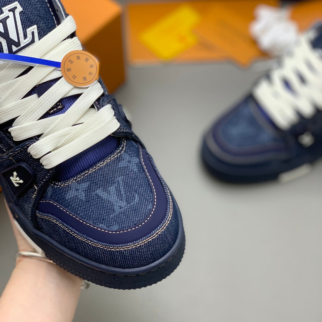 LV Trainer Sneaker Rubber signatures Navy Blue Monogram denim
