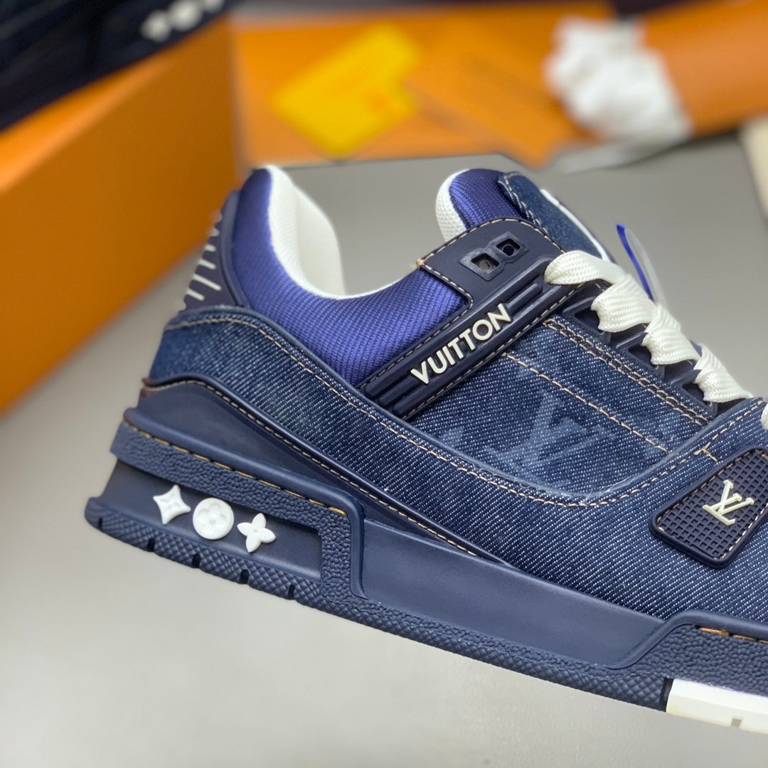 LV Trainer Sneaker Rubber signatures Navy Blue Monogram denim