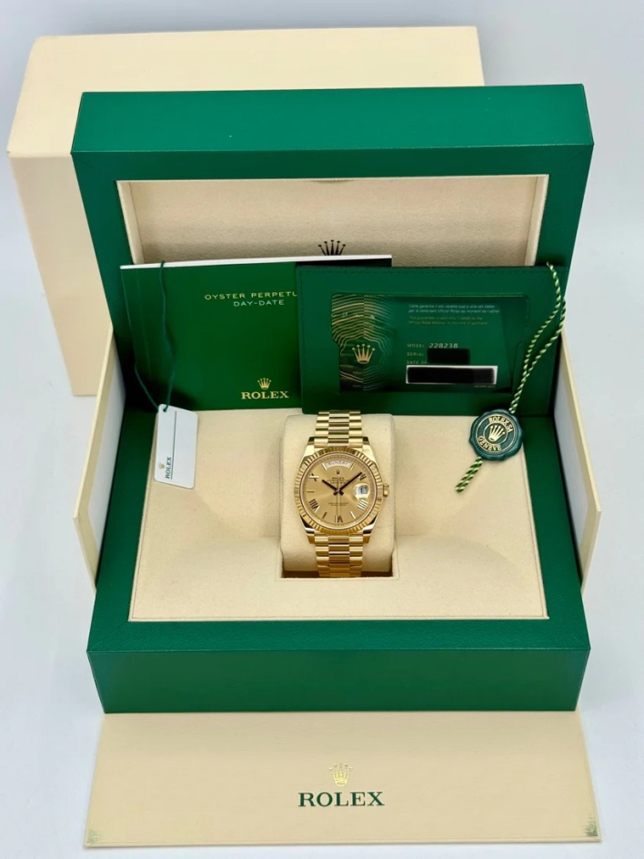 [2026 Top-Tier Replicas]RLX Day-Date "President" 40mm Yellow Gold Champagne Roman Numeral Dial - 228238