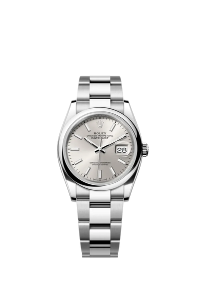Oyster Perpetual Datejust 36 is available in Oyster steel with a silver dial and an Oyster bracelet